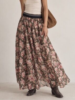 Notes du Nord Floral Maxi Skirt Pull On Elastic Waist Mixed Indie Sleaze Grunge
